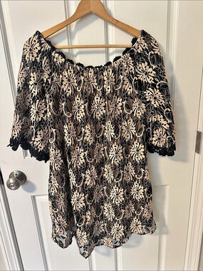 Umgee N3008 Floral Dress in Black & Beige Large Like New